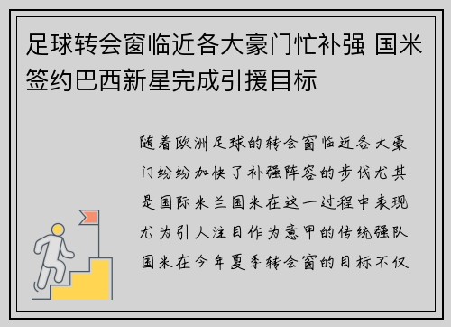 足球转会窗临近各大豪门忙补强 国米签约巴西新星完成引援目标